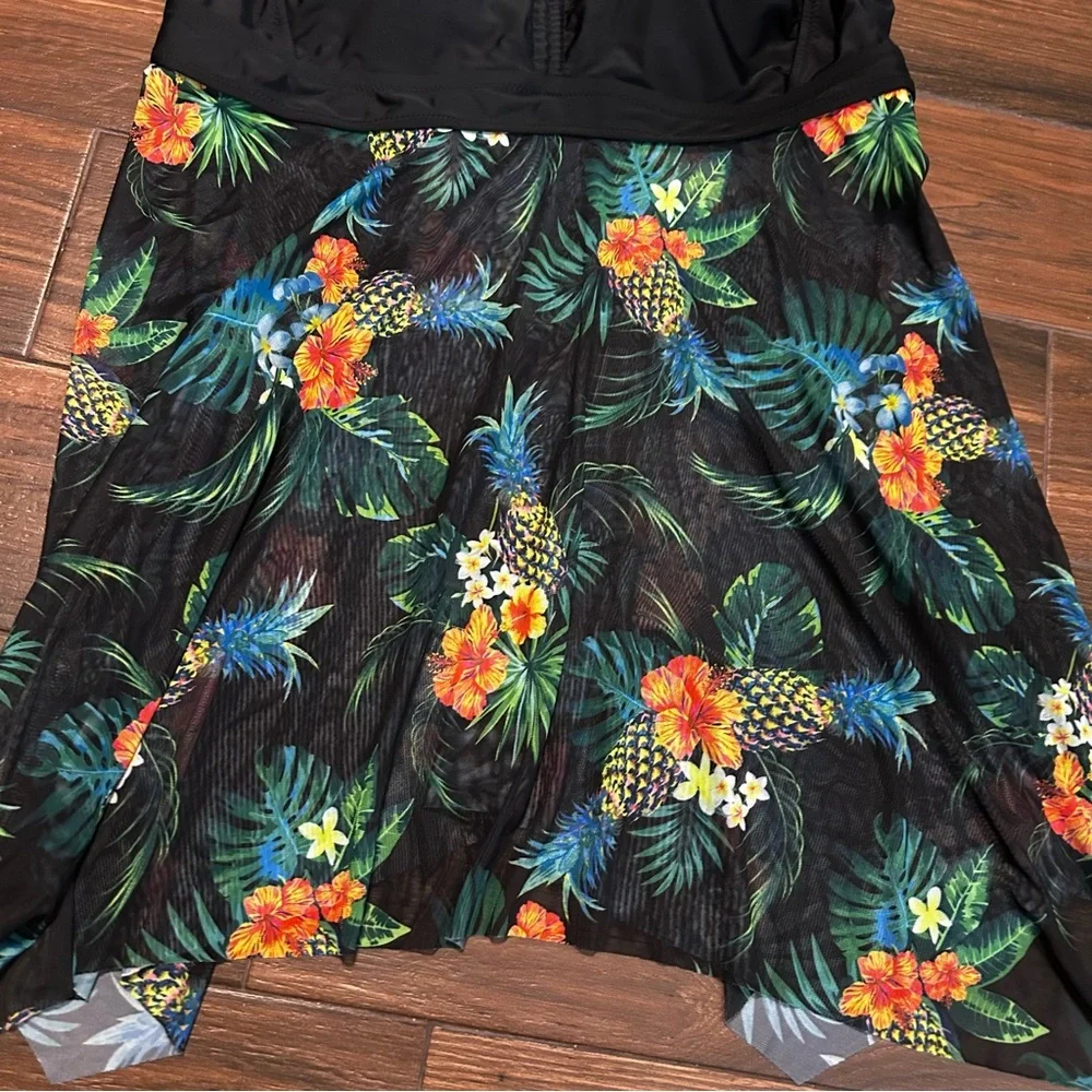 Daci Women’s Swim Dress 22 W Black‎ Tropical Print Pineapple Floral Padded